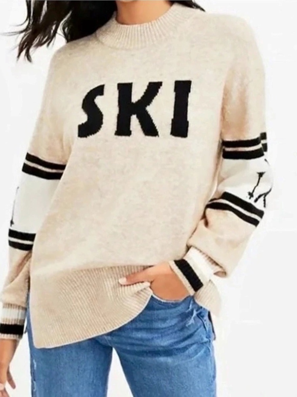 LOFT Lou & Grey Ski Graphic Crewneck Sweater in Cream Large Like New